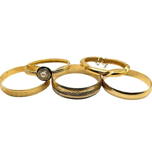 MONET 5 Piece Vintage Gold Plated Jewelry Bundle Lot 5 Signed Monet Bangle Brace - Picture 1 of 7